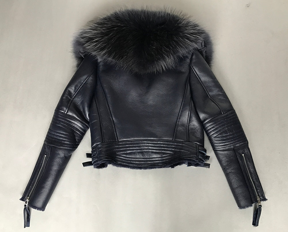 Genuine Leather Moto Jackets Big Fur Collar Wool Liner