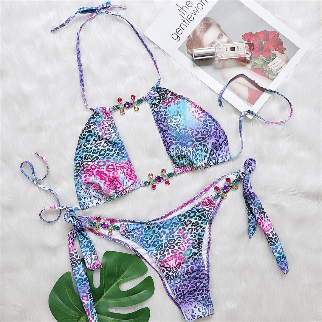 Colorful Leopard Rhinestone Bikini Set