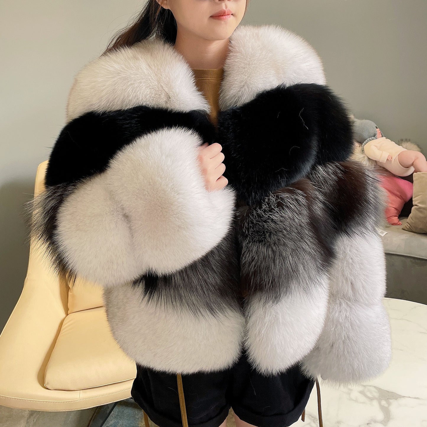 Tri Color Real Fox Fur Coats No Collar