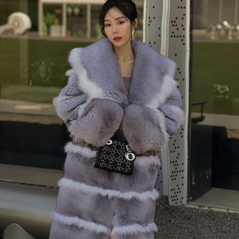 Luxury X-Long Fur Coat Detachable Big Fur Collar