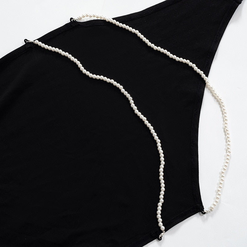 Black Mesh Pearl Back Long Dress