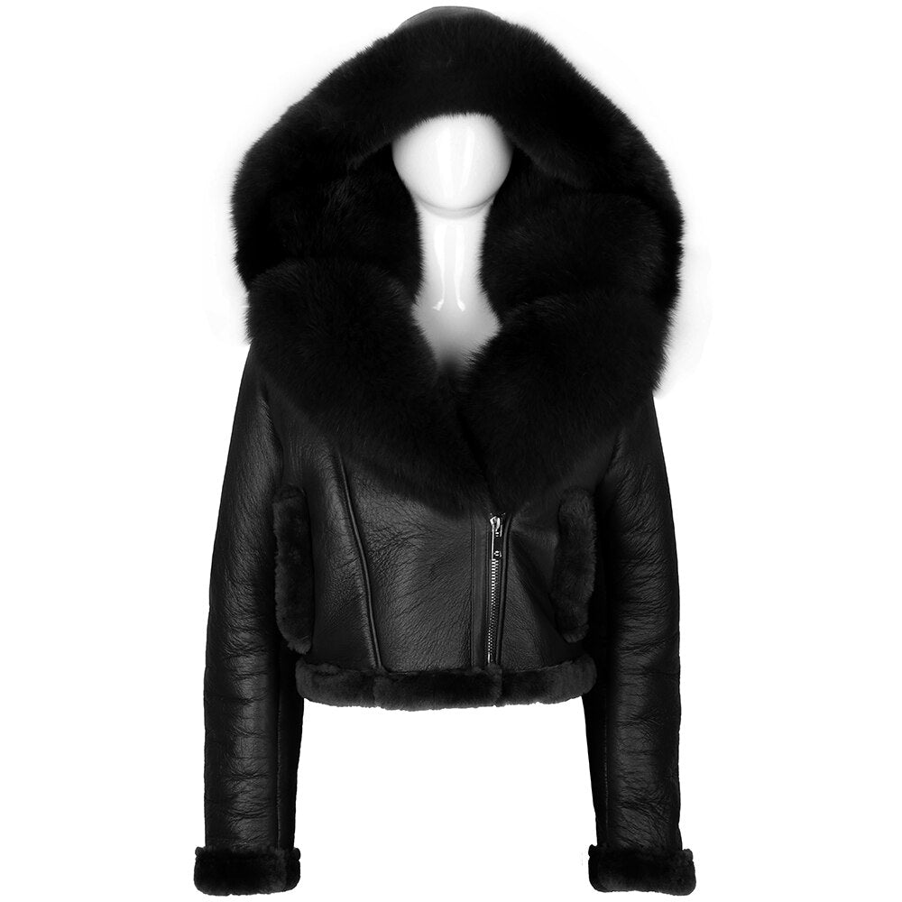 Genuine Leather Coat Real Shearling Fur Removable Hood