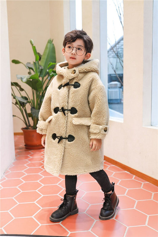 Real Shearling Wool Fur Coat Hooded Soft Suede Leather Liner Children
