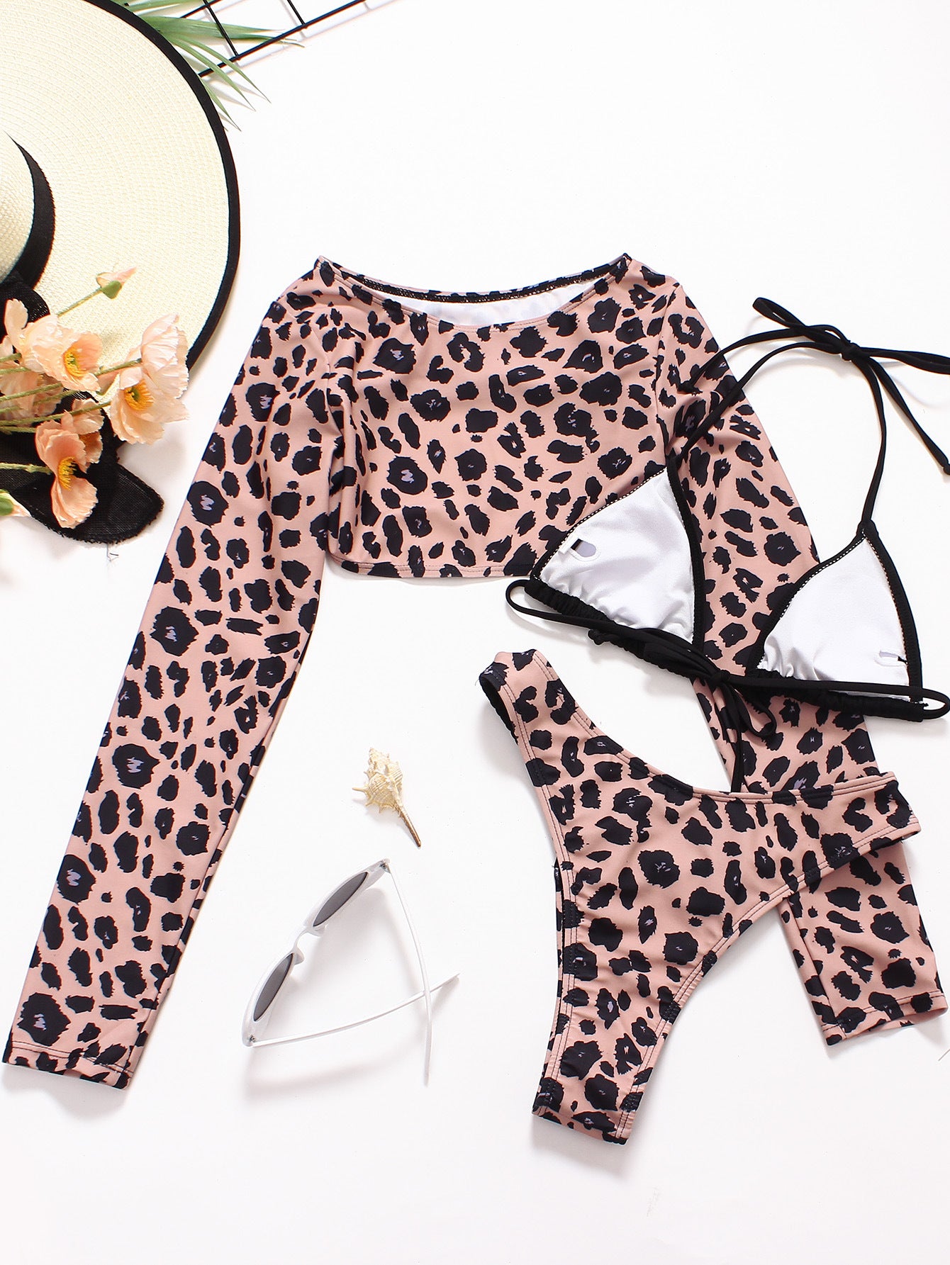 Leopard Print Long Sleeve 3 Piece Bikini Sets
