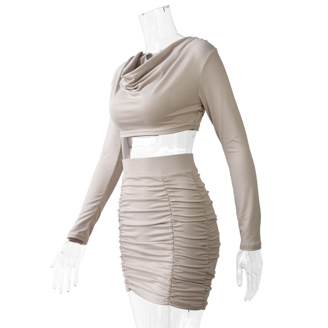 Crop Pleated Long Sleeve & Mini Skirt Set