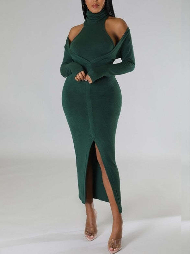 Halter Crop Long Sleeve Bodycon Slit Dresses