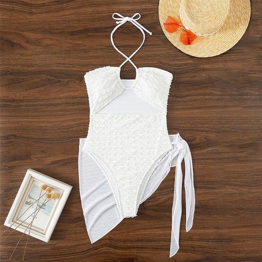 White Wrinkled Halter Cut Out Monokini
