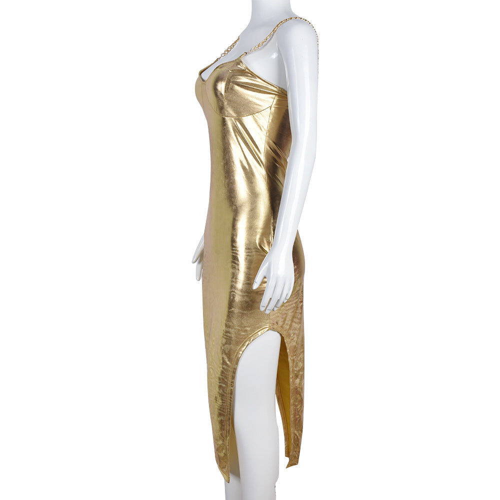 Gold PU Leather Chain Dress