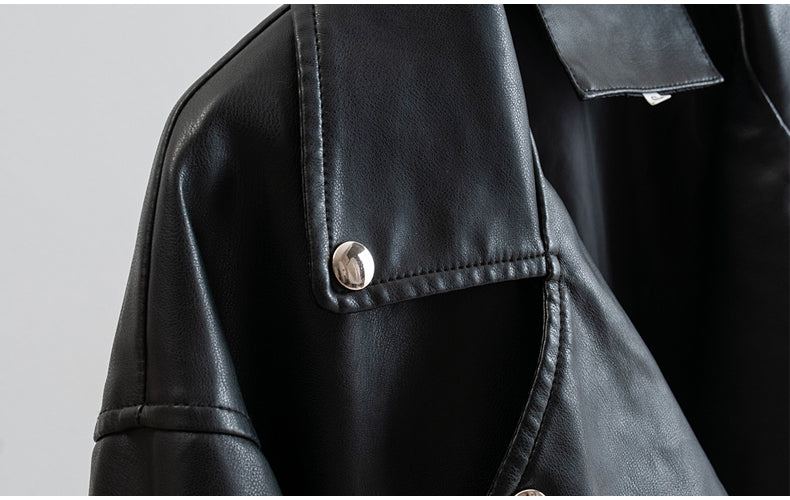 PU Leather Long Moto Jackets with Belt