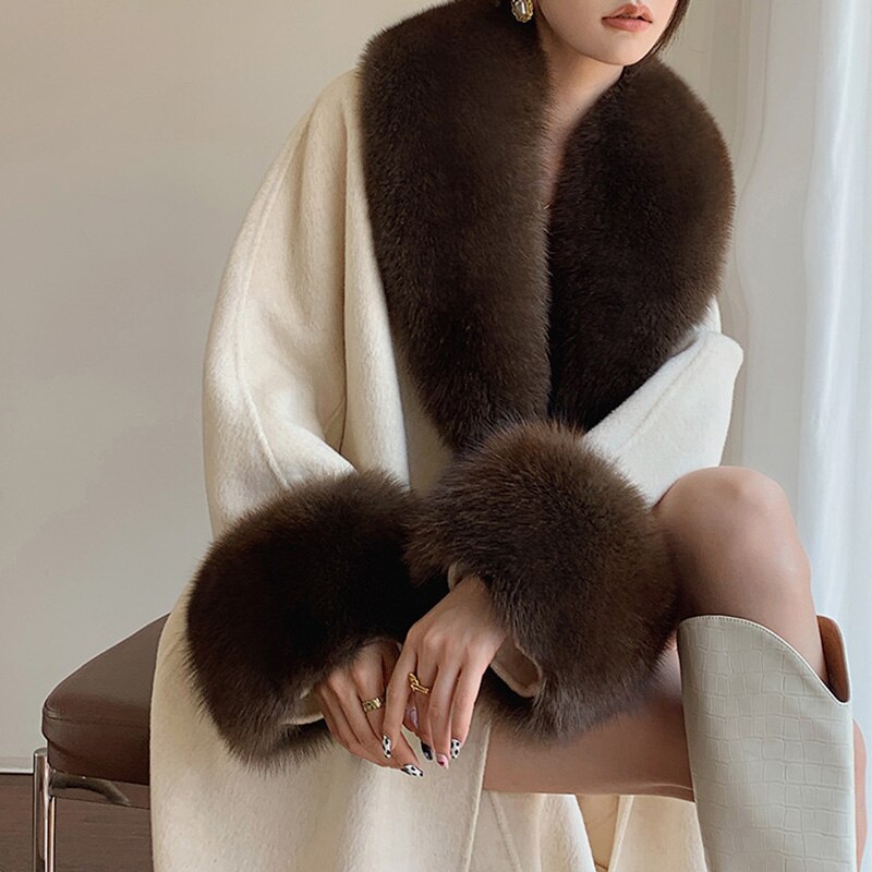 Soft Cashmere Long Coats Real Fur Long Collar & Cuffs