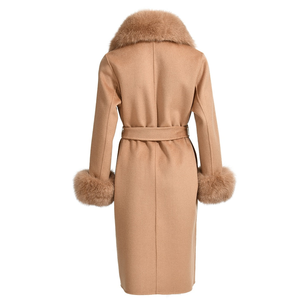 Cashmere Real Fur Collar & Cuffs Long Trench Coats