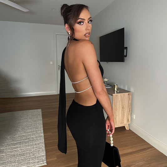 Black Mesh Pearl Back Long Dress