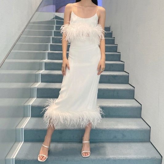 Ostrich Feather Sleeveless Crop & Maxi Skirt Sets