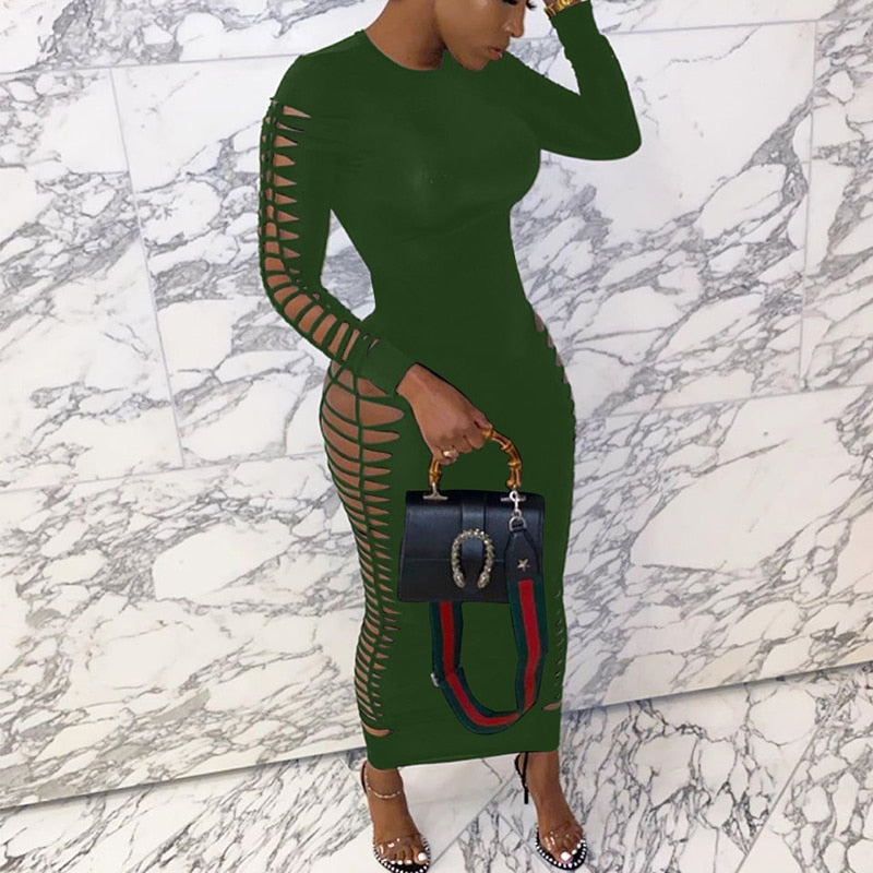 Side Cut Out Long Sleeve Bodycon Maxi Dresses