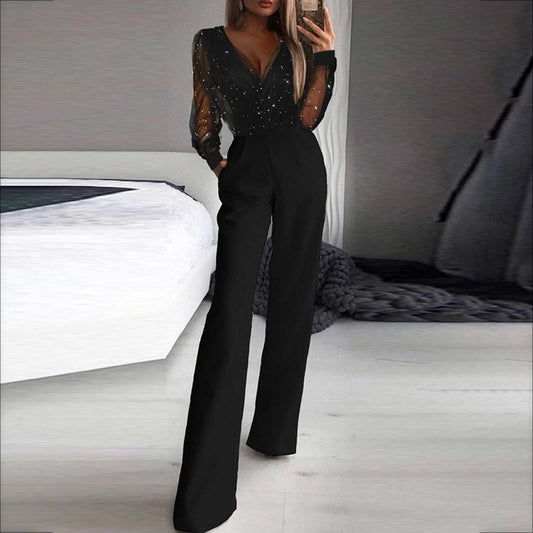 Black V-Neck Mesh Long Sleeve Sequins Jumpsuit