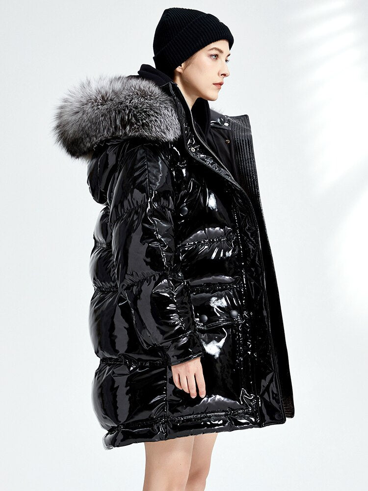 Glossy Duck Down Waterproof Big Puffer Coats Real Fur Parkas