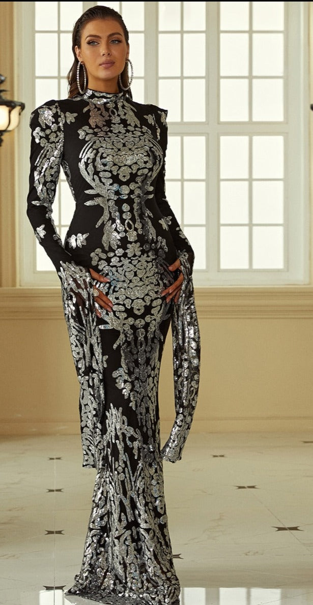 Extra-Long Sleeve Sequin Maxi Dress