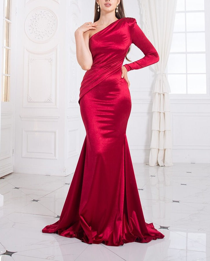 Satin One Shoulder Full Sleeve Mermaid Gown