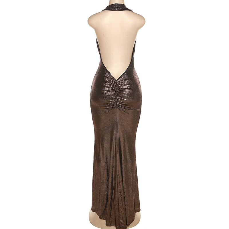 Metallic Drape Chest Backless Maxi Dress