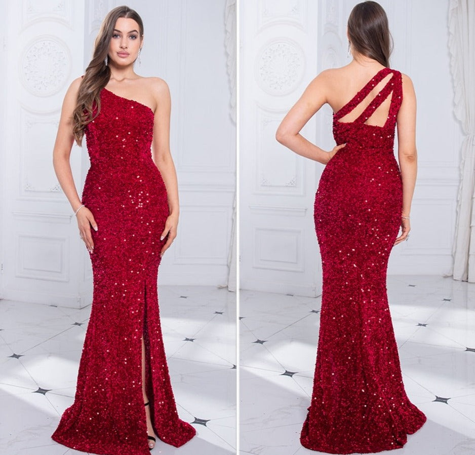 Red Sequin One Shoulder Sleeveless Maxi Dress