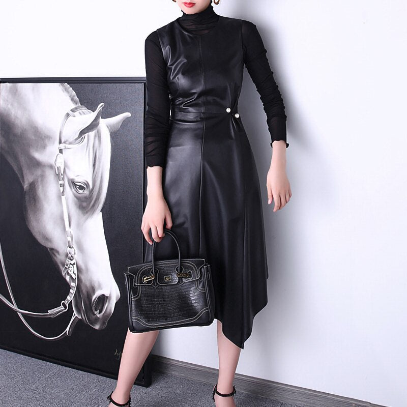 Genuine Leather Sleeveless Mid-Calf Dresses