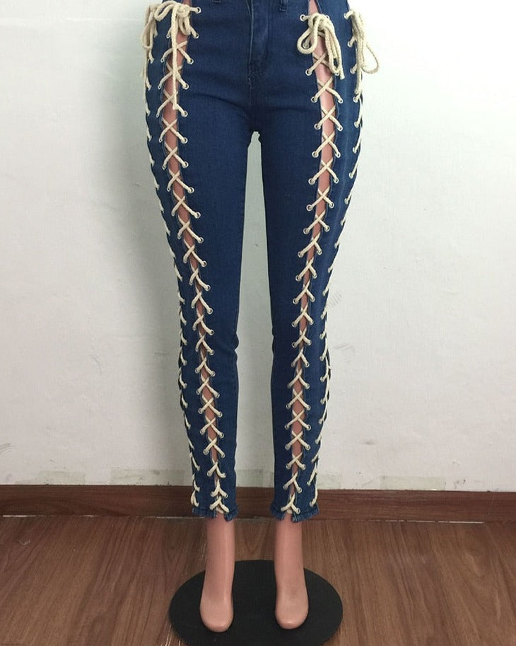 High Waist Lace Up Bandage Pencil Denim Jeans