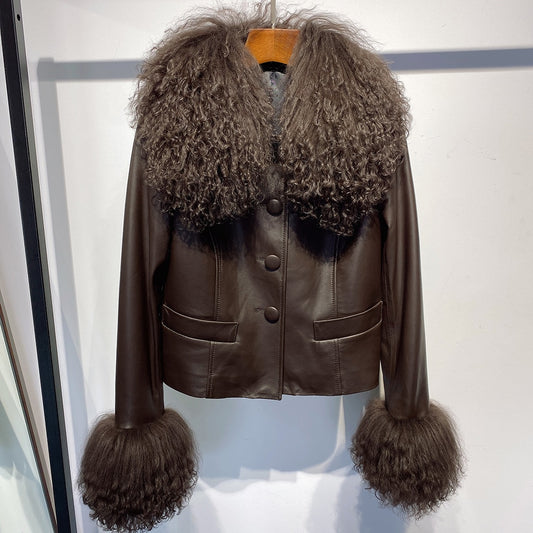 Genuine Leather Jacket Mongolian Sheep Fur Collar & Cuffs