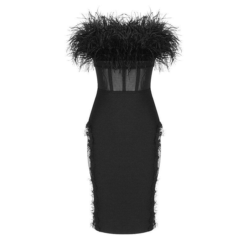 Natural Feather Strapless Lace Tube Mini Dress