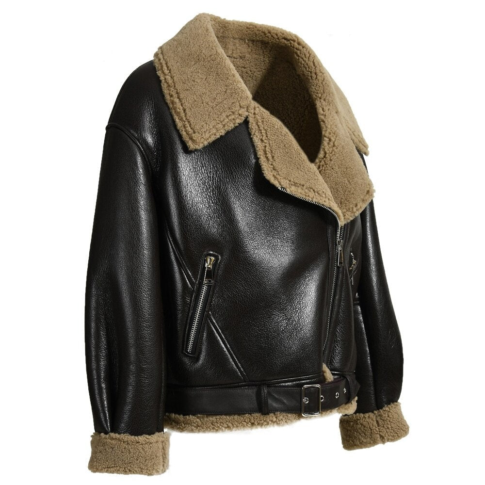 Genuine Leather Coat Shearling Fur Short Retro