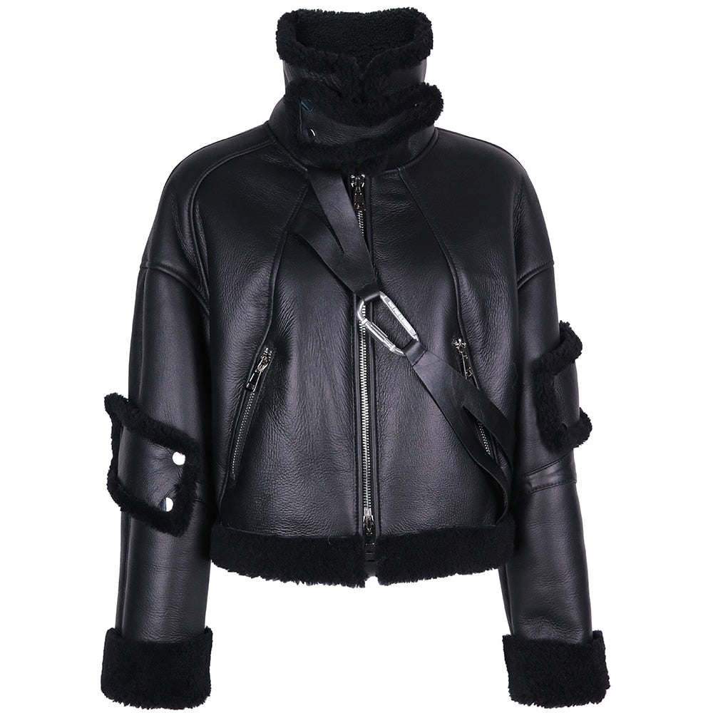 Genuine Leather Moto Jacket Real Shearling Fur High Collar