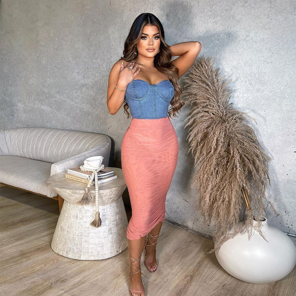 Denim Tube Top Mesh Long Dresses