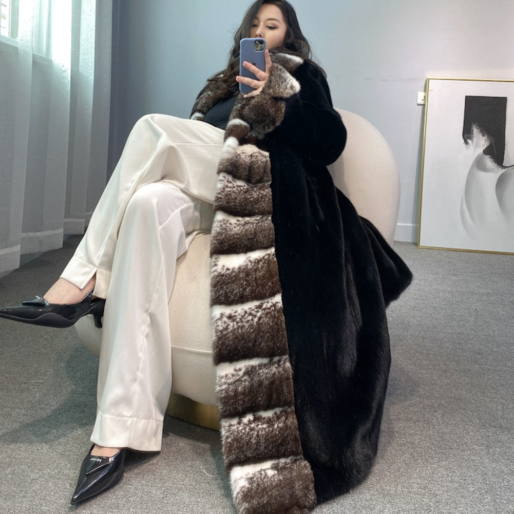 Black Mink Fur X-Long Coat Big Lapel Collar