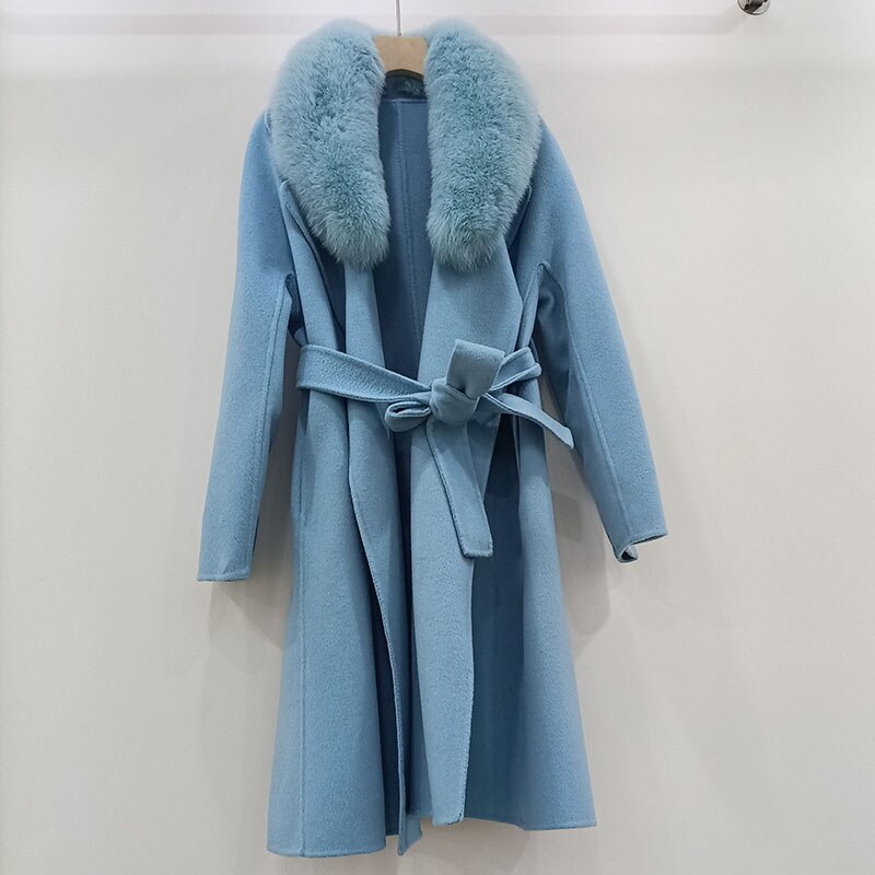 Loose Wool Coat Real Fur Collar Over Sized With Belt