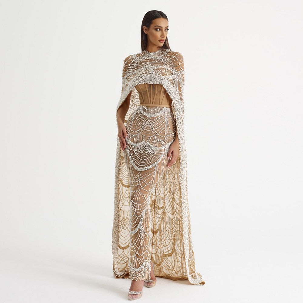 Pearl Mesh Cape Floor-Length Dresses