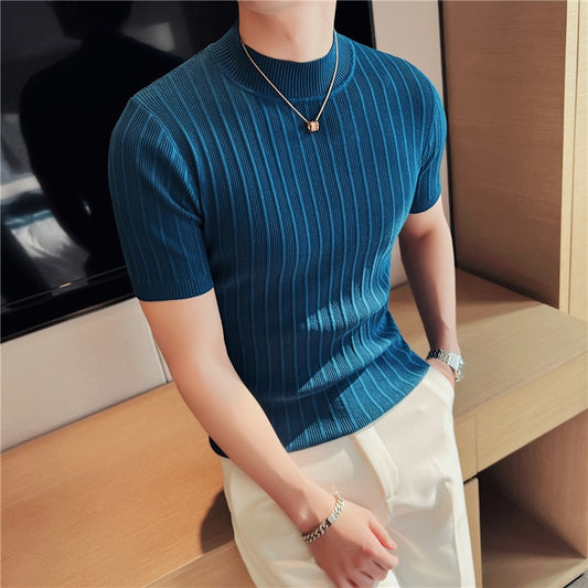 Ribbed Knitted Elasticity Half Collar T-Shirt