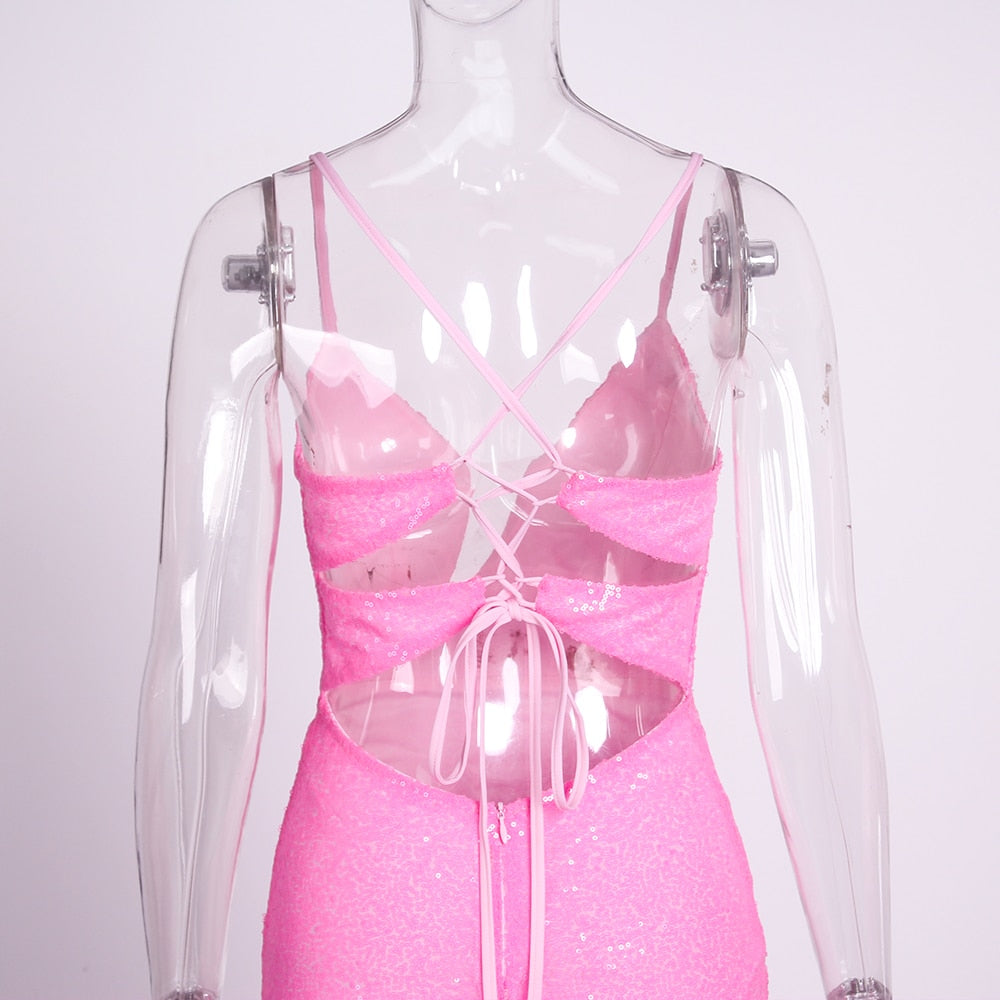 Pink Slit Hollow V Neck Backless Maxi Dress