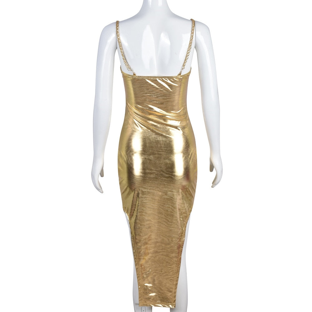 Gold PU Leather Chain Dress