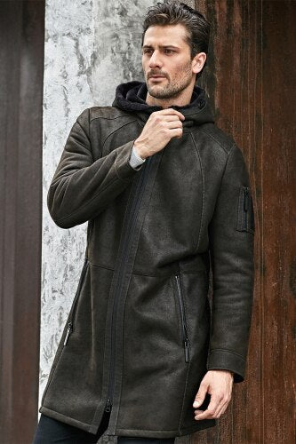 Genuine Leather Hooded Long Coat Real Fur Shearling