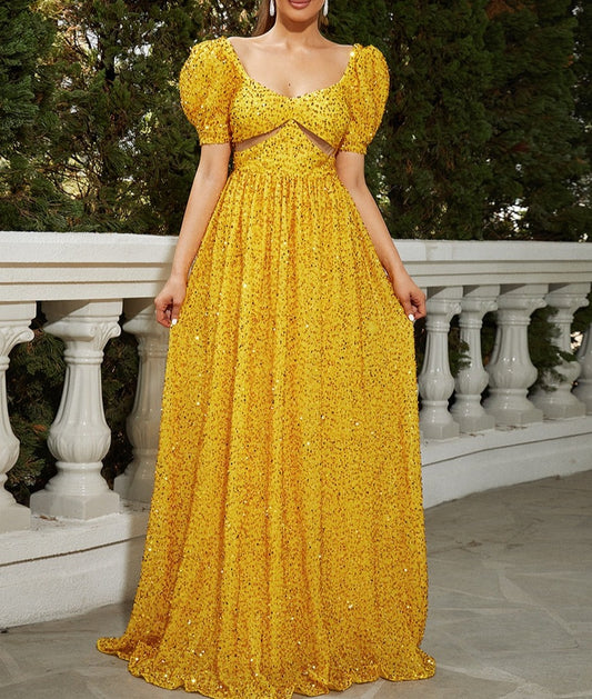 Puff Sleeves Mesh Under Breast Sequin Maxi Dress