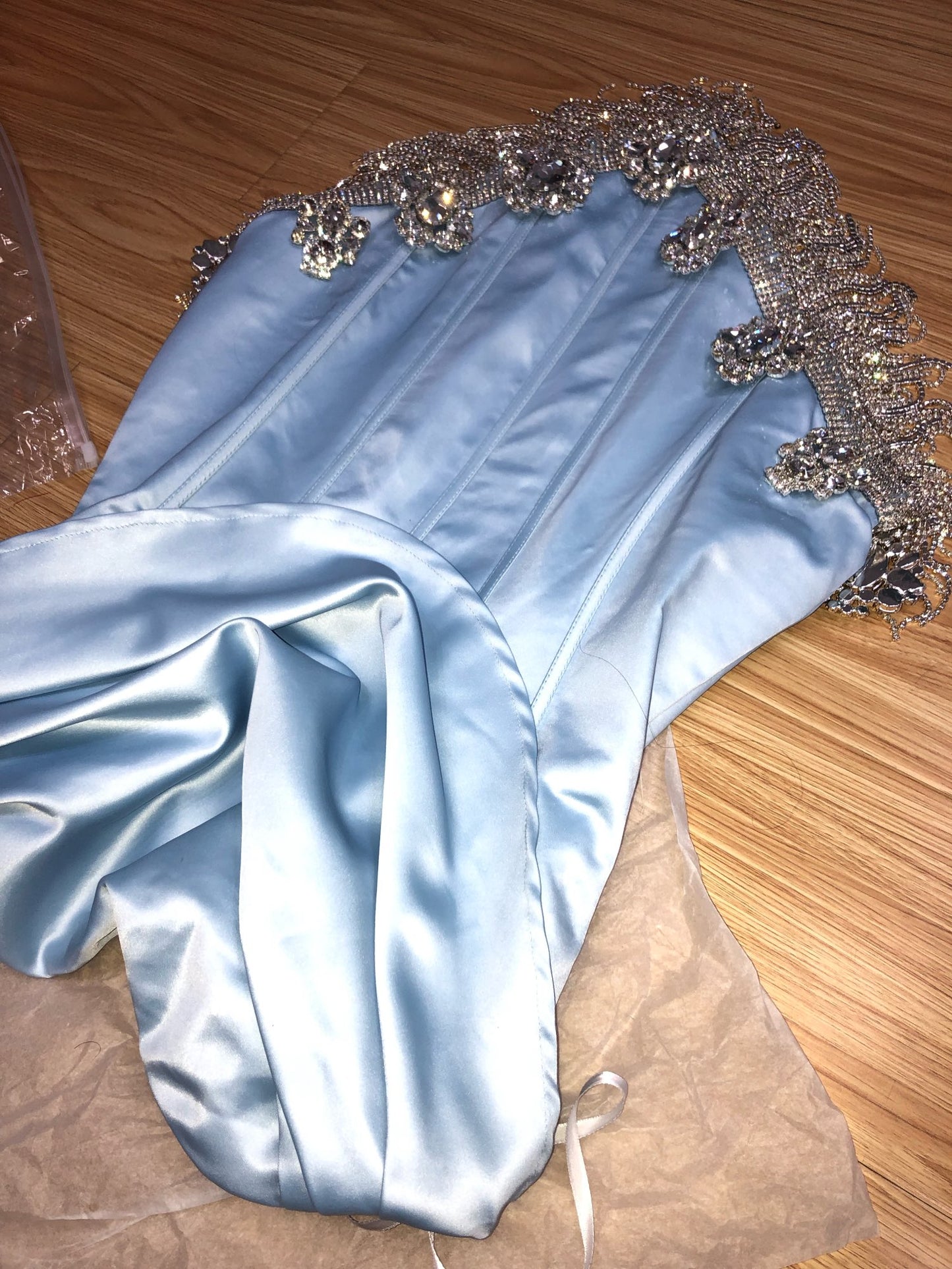 Satin Blue Corset Crystal Tassel Mini Dress