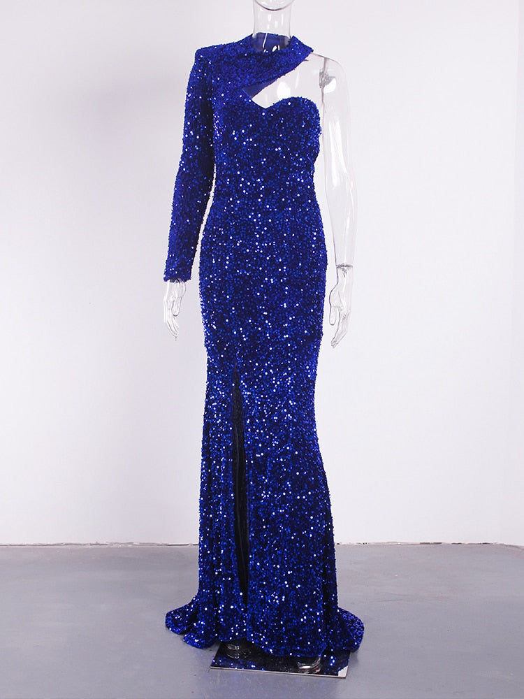 Sequin One Long Sleeve Maxi Evening Gowns