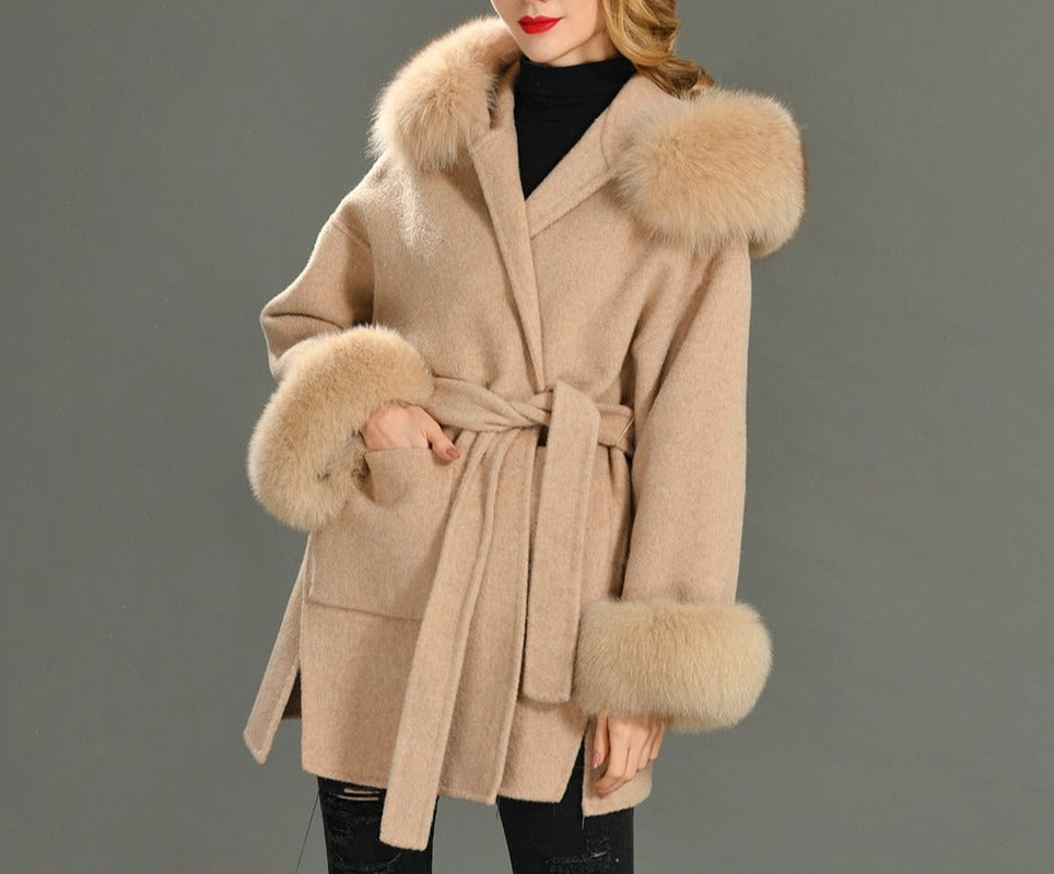 Cashmere Pea Coats Real Fur Hoodie & Cuffs