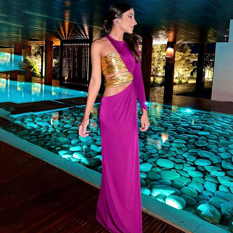 Purple One Sleeve Gold Wrap Maxi Dress