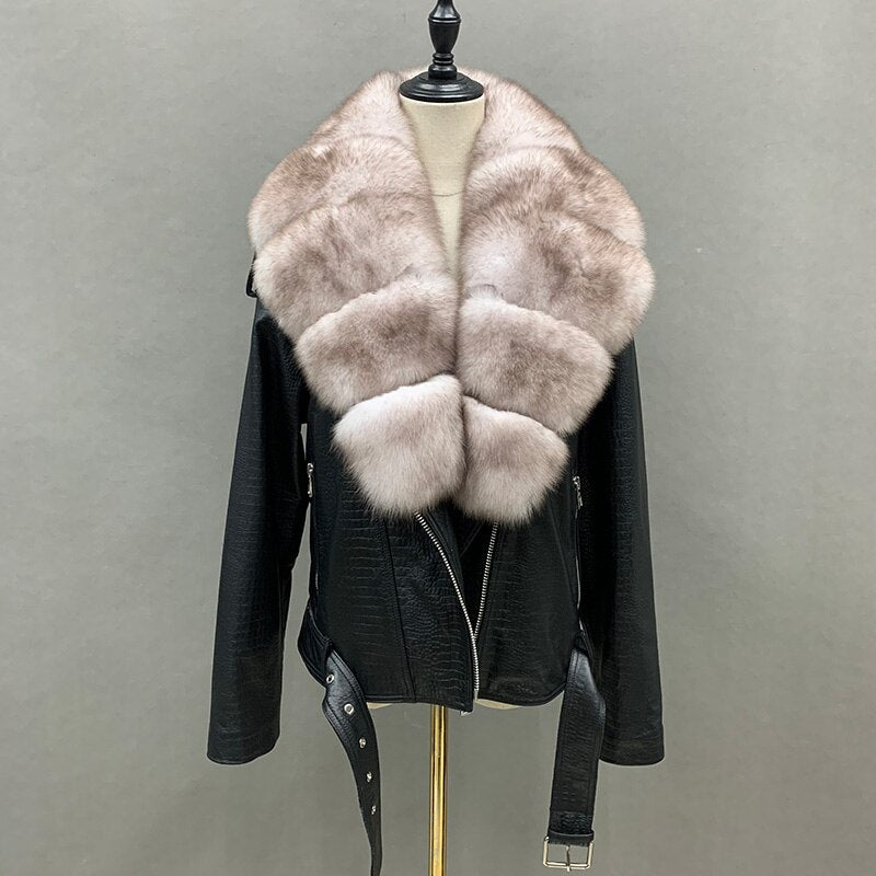 Reptile Genuine Leather Jacket Real Fox Fur Collar