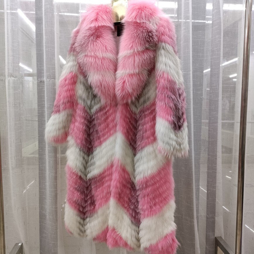 Thin Striped Color Pattern Real Fox Fur Coats  X-Long