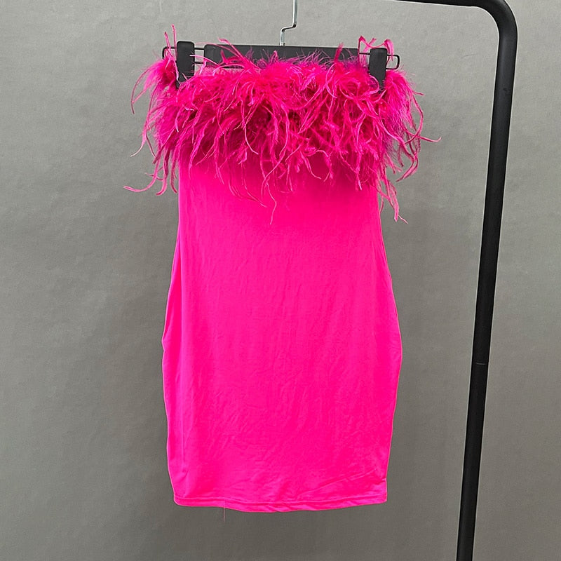 Ostrich Feather Chest Tube Mini Dresses