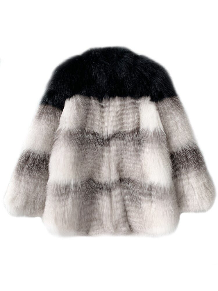 Luxury Real Fur Knitted Tricolor Coat