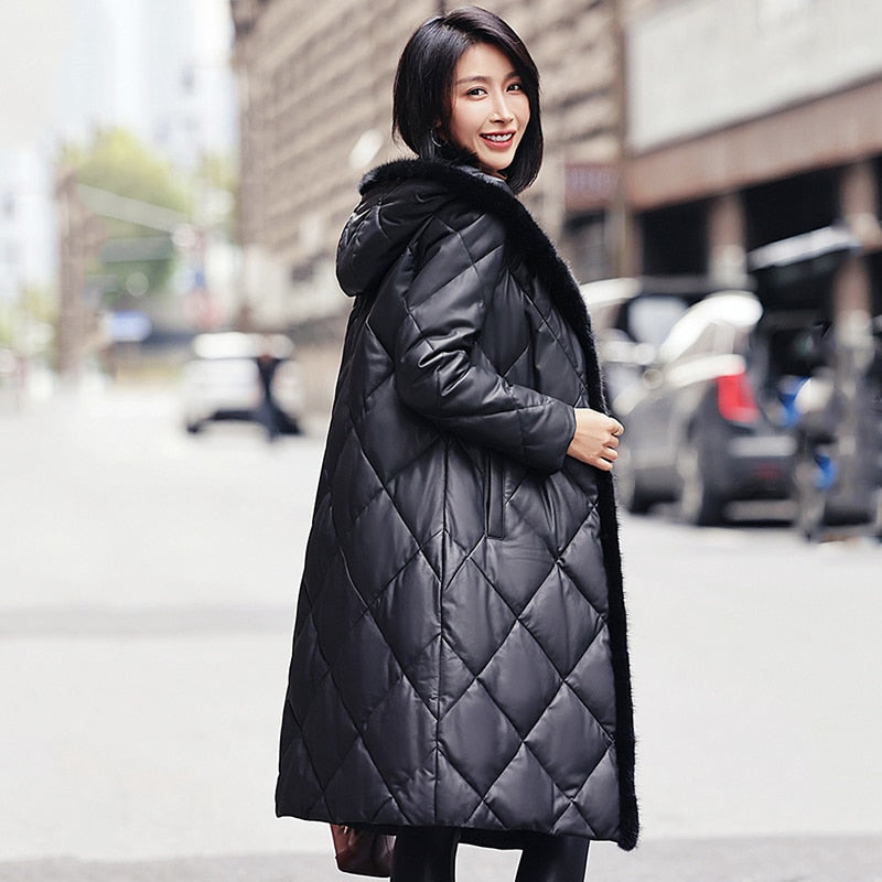 Genuine Leather Long Jacket Mink Fur Collar Hood