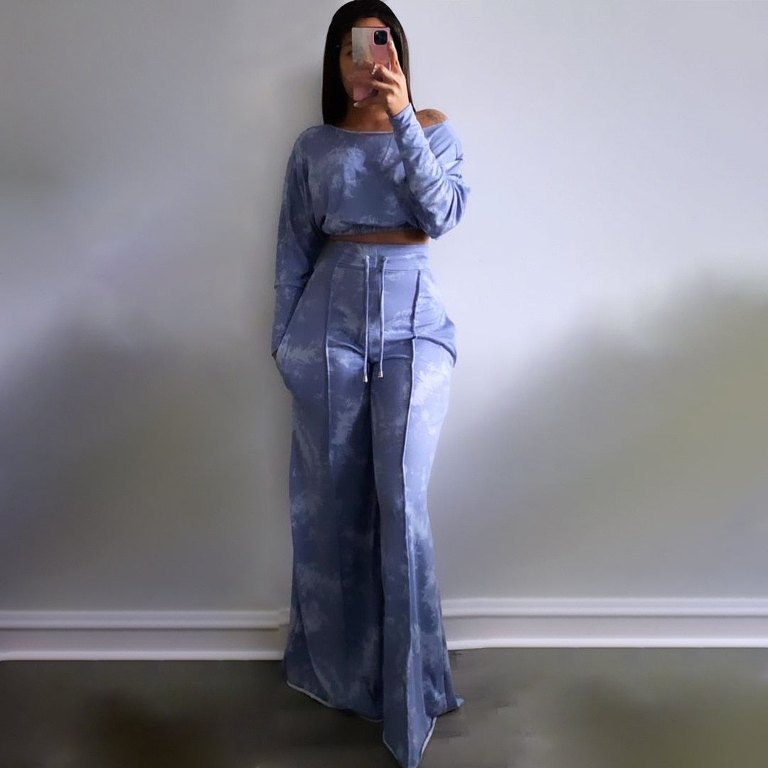 Tie Dye Off Shoulder Crop & Wide Pants Sets