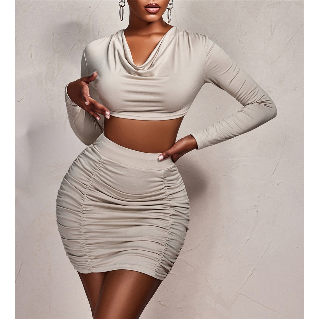 Crop Pleated Long Sleeve & Mini Skirt Set